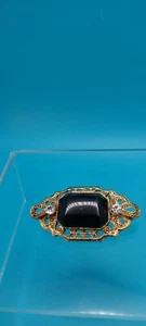 Vintage Brosche mit Kunst Onyx Cabochon, Strass auf goldfarben. - Bild 1 von 5