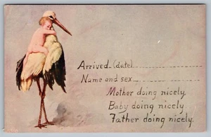 Postal Cigüeña Bebé Nacimiento Anuncio Bebé Desnudo Montar Cigüeña Fantasía - Imagen 1 de 2