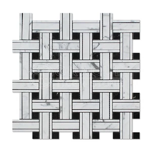 Carrara weiß italienisch (Bianco Carrara) Marmor dreifach gewebte Mosaikfliese, schwarzer Punkt - Bild 1 von 2