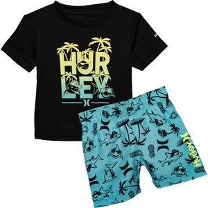 HURLEY Toddler Boy's 4T 2 Pc Swim Shorts Shirt Blue Blue Shark Rash Guard Set - Picture 1 of 2