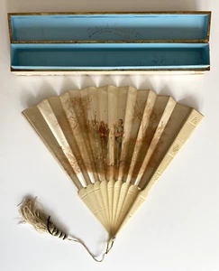 Large Antique Hand Fan Cow Bone Hand Painted With Box - Picture 1 of 11