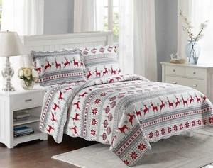 Embossed Pinsonic Printed Bedspread Coverlet Quilt Set, Christmas Deer Twin - Picture 1 of 8