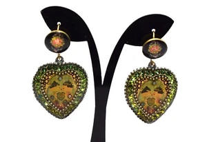 Michal Negrin Heart Shape Earrings, Brass, Resin l & Swarovski Crystals, NEW! - Picture 1 of 9