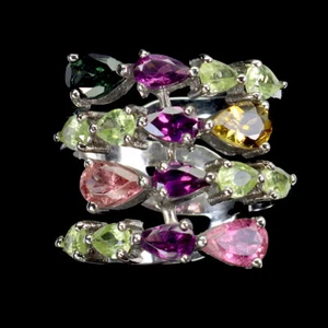 Estate 925 Anello Argento Pera Tormalina Peridoto Rodolite Gemma Gioielli Misura - Foto 1 di 14