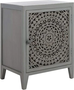 Gray Rustic Wooden End Table Boho Star Carved Door Nightstand Storage Accent - Picture 1 of 10