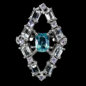 Estate 925 Anello Argento Ovale Neon Blu Apatite 7x5mm Acquamarina Gemma Sz 8 - Foto 1 di 13