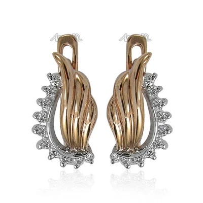 Pendientes estilo europeo hechos a mano oro rosa y blanco macizo 14k diamantes G-SI2 Foto 1 de 4