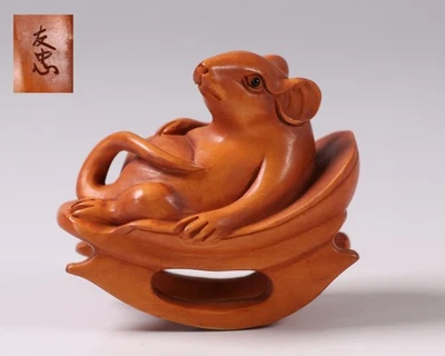 Tallado en madera japonesa Rat Netsuke 1,77 pulgadas Inro Ojime por Tomota Meiji Era 19 Foto 1 de 4
