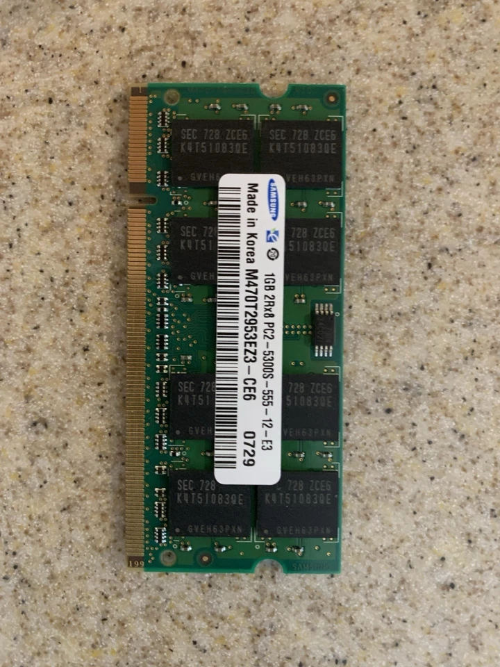 SAMSUNG DDR2 1GB 2Rx8 PC2-5300S-555-12-E3 M470T2953EZ3-CE6 SODIMM LAPTOP MEMORY - Image 1 of 2