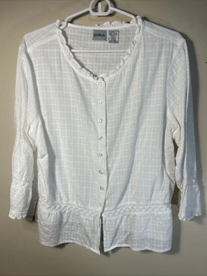 Blusa Erika L Blanca Botón Peplum Dobladillo Cuello Redondo Boho Top Romántico Foto 1 de 4