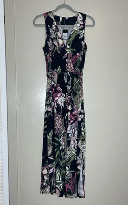 Crossroads Dress 12 Black Floral Maxi Belted Sleeveless  - image 1 of 4