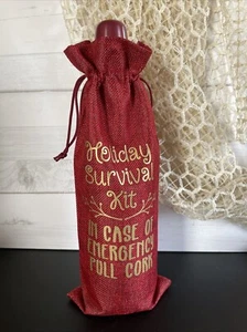 Handmade Burlap Wine Bag With Saying holiday survival kit - Picture 1 of 2