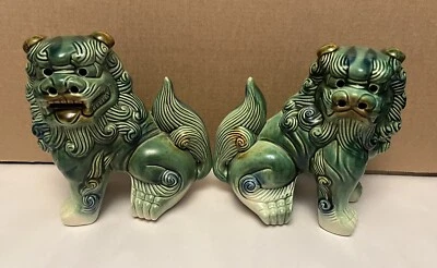 A Pair Of Sancai Glazed Tomb Guardian Foo Dragon Dogs H23 x L23cm - Image 1 of 4