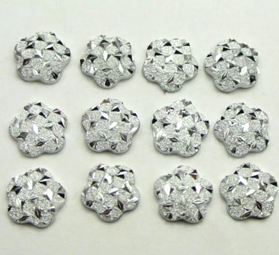 200 серебряных акриловых блестящих цветочных кабошонов с плоской поверхностью со стразами 12 мм - Изображение 1 из 4