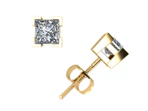 0.75Ct Princess Diamond Basket Stud Earrings 14k Yellow Gold V-Prong Set H SI2 - Picture 1 of 3