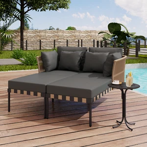 Sonnenliege Doppelliege Gartenliege mit Couchtisch Sitzgruppe Lounge Möbel Grau - Bild 1 von 12