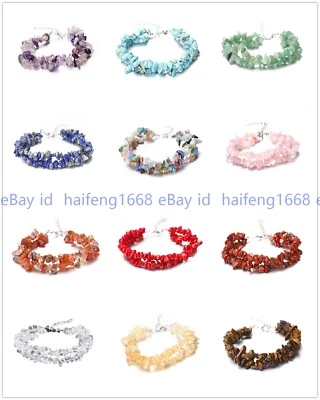 2 Reihen Natürlich Edelstein Unregel Chips Kies Zerkleinert Perlen Armband 19cm - Bild 1 von 4