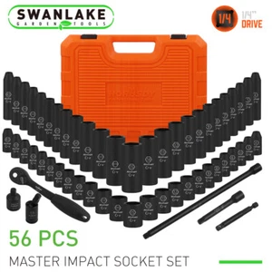 56PC 1/4" Drive Impact Deep Socket Set Extension Bar Universal Joint SAE Metric - Picture 1 of 11