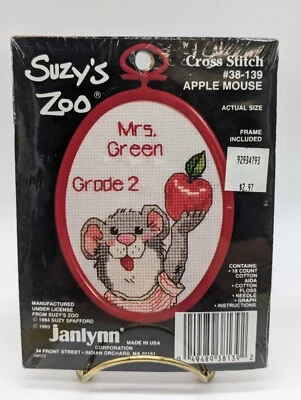 Suzy's Zoo Apple Mouse VTG  Cross Stitch 38-139 Oval Frame (Opened) Teacher Gift - Image 1 of 4