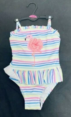 EX GEORGE Ex Store Mädchen Pastell Streifen Flamingo Badeanzug Schwimmkostüm Alter 2 3 4 5 6