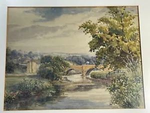 Joseph West 1882-1958 Aquarell Fluss Landschaft mit Brücke & Dorf - Bäume - Bild 1 von 22