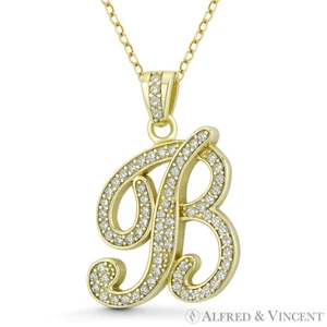 Initial Letter "B" Cursive Script CZ Crystal .925 Sterling Silver 14k GP Pendant - Picture 1 of 1