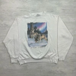 Vintage Night Light Wolf Sweatshirt Mens XL White Arora Borealis Northern Lights - Picture 1 of 6