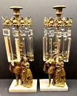 Antique French Couple Bronze With Marble Base & Crystal Prisms Candle Holders