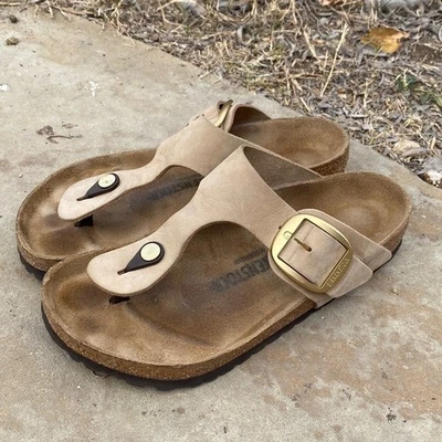 Birkenstock Gizeh большие пряжки кожаные сандалии ЕС 39 желтовато-коричневый серо-коричневый поддерживающий комфорт - Изображение 1 из 4