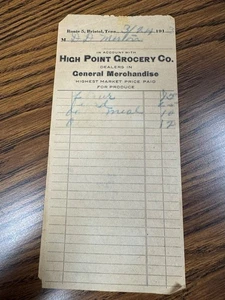 Antico High Point Grocery Co. Ricevuta Ledger Route 5 Bristol Tenn. 1910 vintage - Foto 1 di 4