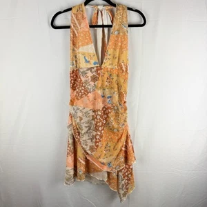 SHEIN Halter Dress Asymmetrical Hem Patchwork Floral Sz L Cottagecore Y2K Style - Picture 1 of 9