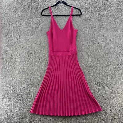 Milly Dress Large Pink Pleated Sleeveless Knit Stretch V Neck Swingy Fit Flare - Image 1 of 4