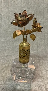 Vintage Gold Filigree Top Cut Uranium Glass Perfume Bottle w/ Jewels & Leaves - Picture 1 of 14
