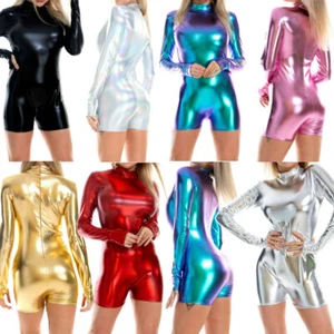 Damen Wetlook Metallic Glanz Trikot Langarm Bodys Clubwear Catsuits - Bild 1 von 40