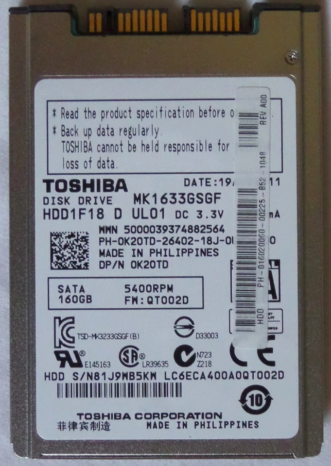 1.8" Toshiba 160GB 5400RPM 16MB cache SATA2 Internal Hard Drive MK1633GSGF - Image 1 of 1