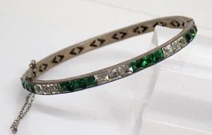 Antique Art Deco Sterling Silver Emerald Paste Rhinestone 7" Bangle Bracelet - Picture 1 of 8