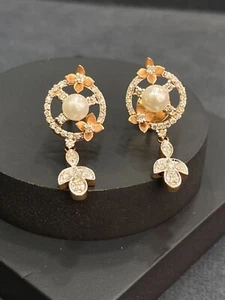 Stunning 3.95 Cts Round Brilliant Cut Diamonds Pearl Dangle Earrings In 14K Gold - Picture 1 of 10