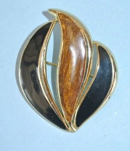 Vintage Modernist Black & Brown Enamel Leaf Design Gold Tone 2" Metal Brooch - Picture 1 of 5