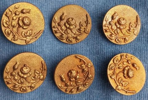 Set of 6 Antique Stamped Brass Metal Button Roses on Vine 3/4" Flower Cover