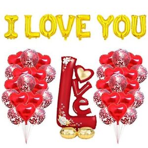 Anniversary Valentines Day Balloon Set 40pc Large Red Foil Love Hearts Confetti