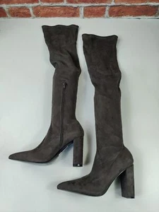 RIVER ISLAND TAUPE THIGH HIGH BOOTS UK 7 EU 40 FAUX SUEDE HIGH BLOCK HEEL WOMENS - Picture 1 of 5
