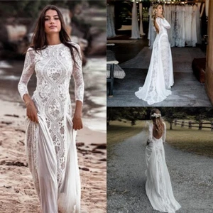 Boho A-Line Wedding Dresses Round Neck Long Sleeved Lace Appliques Bridal Gowns - Picture 1 of 10
