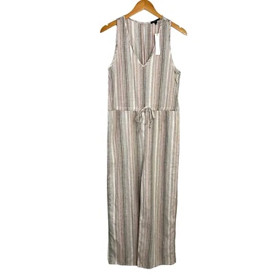 Mono de mujer DREW a rayas mezcla de lino talla pequeña marrón tostado sin mangas con cordón Foto 1 de 4