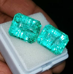 Natural Green Emerald Certified Loose Gemstone Pair 18.75 Cts Emerald Cut WNE31 - Picture 1 of 14
