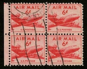 US 1949 #C39 - DC4 Plane Air Mail 6c Carmine Block of 4 (MINN 5 Cancel) Used - Picture 1 of 4
