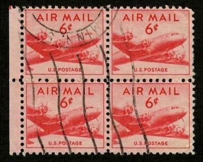 US 1949 #C39 - DC4 Plane Air Mail 6c Carmine Block of 4 (MINN 5 Cancel) Used - Image 1 of 4