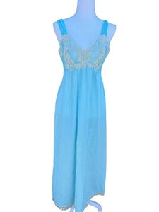 1950s Van Raalte Nylon Chiffon Made in USA Blue Lingerie Nightgown Maxi Size 34 - Picture 1 of 8