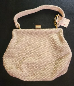 Great Vintage Bead Lumured Purse Ivory Cream Beaded Handbag Evening Bag 1950's - Picture 1 of 9