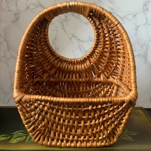 Natural Brown Rattan Wall Basket Tote Circular Handle Storage 11.5" Handmade - Picture 1 of 8