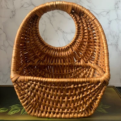 Natural Brown Rattan Wall Basket Tote Circular Handle Storage 11.5" Handmade - Image 1 of 4